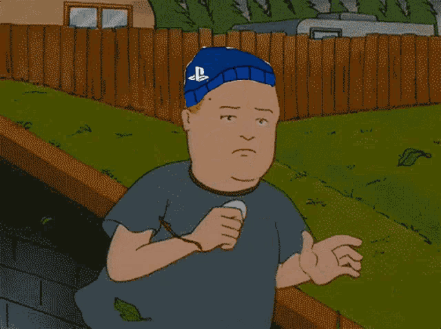 a cartoon character wearing a blue hat with a ps logo on it
