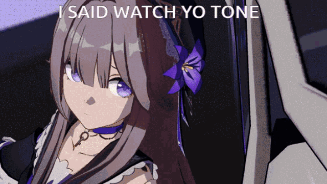 a girl with purple eyes and a purple flower in her hair has the words i said watch yo tone above her
