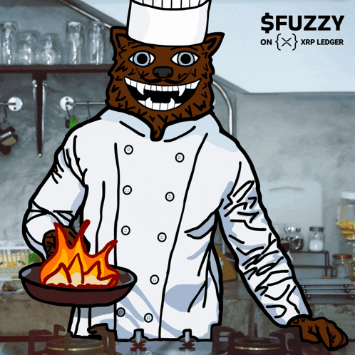a cartoon drawing of a chef holding a frying pan with a fire in it