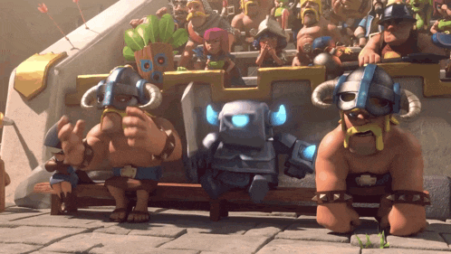 a group of cartoon characters are sitting on a bench including a robot with horns