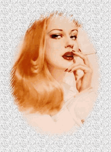 a painting of a woman smoking a cigarette with red lips and red nails .