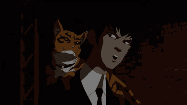a man in a suit and tie with a cat behind him that has the letter s on its face