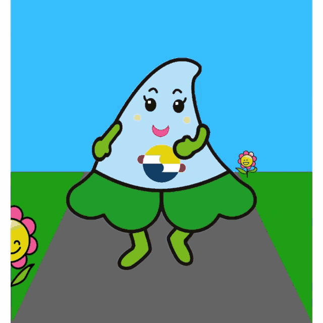 a cartoon character is standing on a road with flowers in the foreground