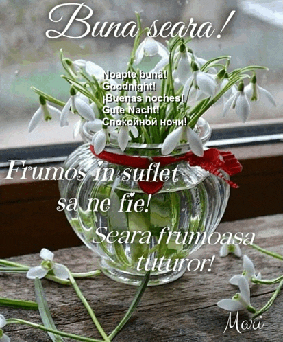 a glass vase filled with snowdrop flowers has a red ribbon around the rim