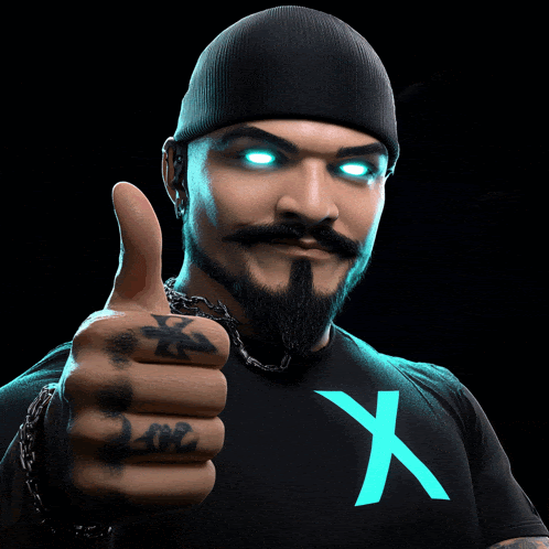 a man with a beard is giving a thumbs up and wearing a shirt that says x