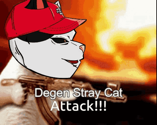 a cartoon of a cat wearing a red hat with the words degen stray cat attack below it