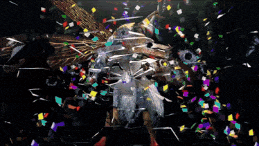 a painting of a woman surrounded by confetti and pieces of glass
