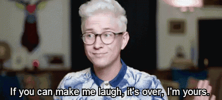 a man with white hair and glasses is saying if you can make me laugh it 's over i 'm yours