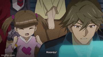 a man and a little girl are sitting next to each other and the little girl says hooray
