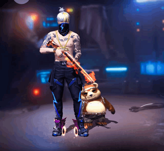 a man holding a gun and a teddy bear with a tattoo on his chest that says ' jcj '