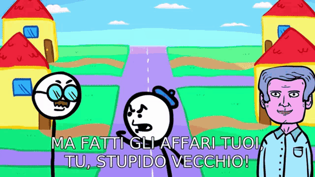 a cartoon of a man talking to another man with the words ma fatti gli affari tuoi tu stupido vecchio