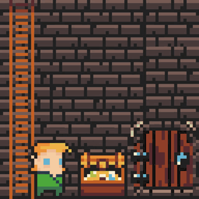 a pixel art drawing of a man standing in a cave