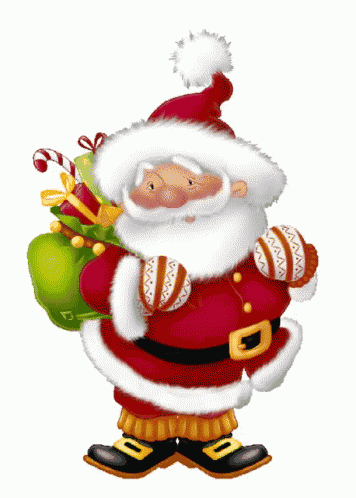 a cartoon illustration of santa claus holding a green bag of presents