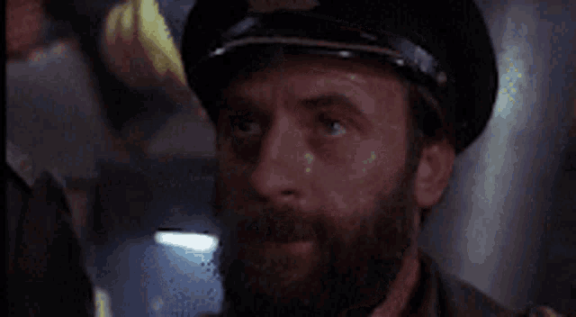 a man with a beard wearing a hat looks at the camera