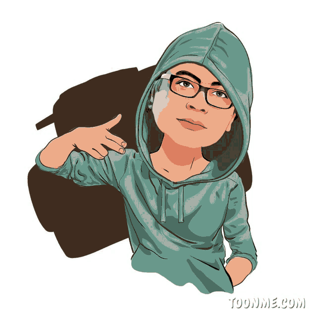 a cartoon of a woman wearing a hoodie and glasses with the website toonme.com below her