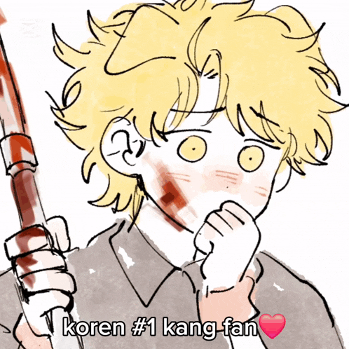 a drawing of a boy holding a bloody stick with the words koren # 1 kang fan below him