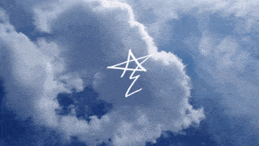 a blue sky with white clouds and a drawing of a star in the middle