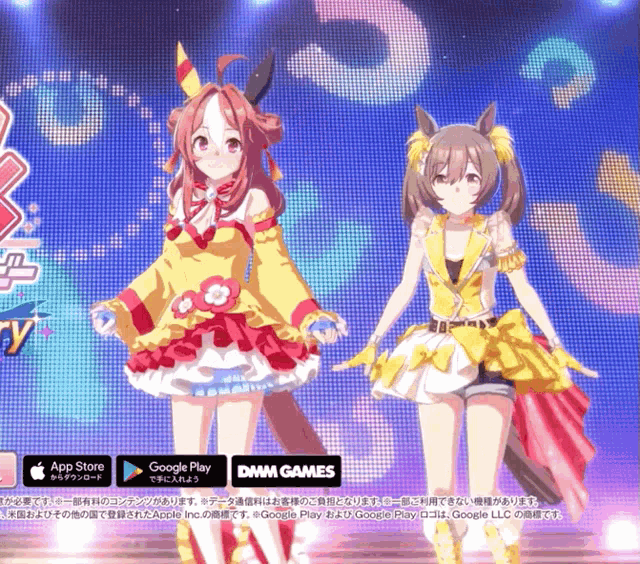 two anime girls are standing next to each other in front of a screen that says google play on it