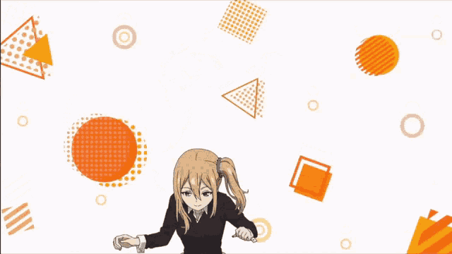 a girl in a black dress is jumping in the air surrounded by geometric shapes