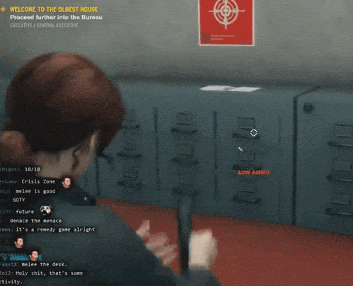 a woman is holding a gun in front of a red sign that says " proceed further into the bureau "