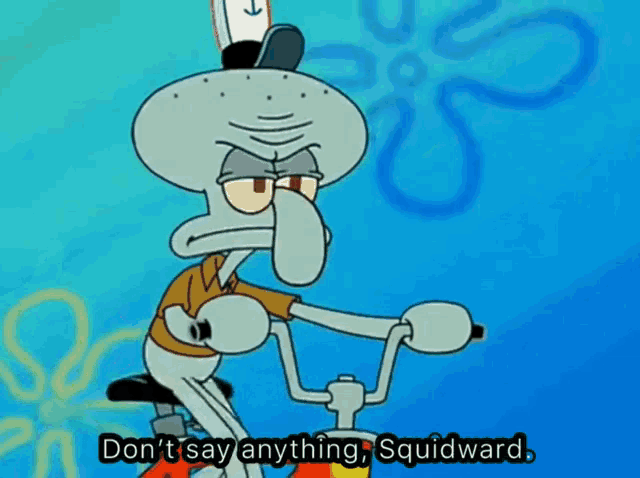 squidward from spongebob is riding an exercise bike