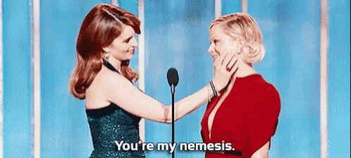 two women are standing next to each other in front of a microphone and talking .