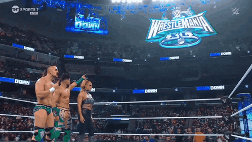 wrestlers in a ring with the words wrestlemania on the screen behind them