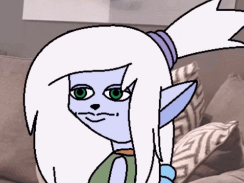 a cartoon drawing of a girl with long white hair and green eyes