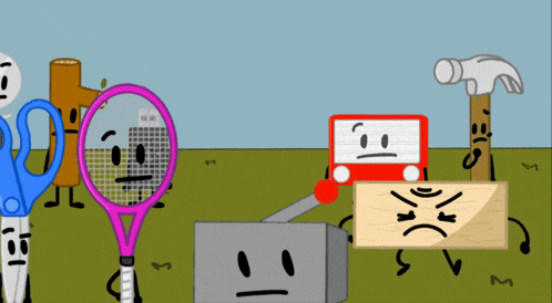 a group of cartoon characters including a pink tennis racket and a hammer