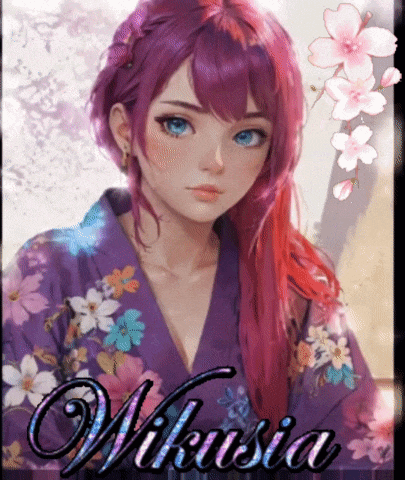 a picture of a girl with purple hair and the name wikiusia
