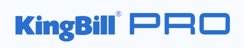 kingbill pro is written in blue letters on a white background