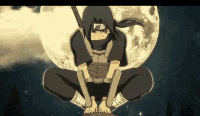 a cartoon character is kneeling down with a full moon behind him