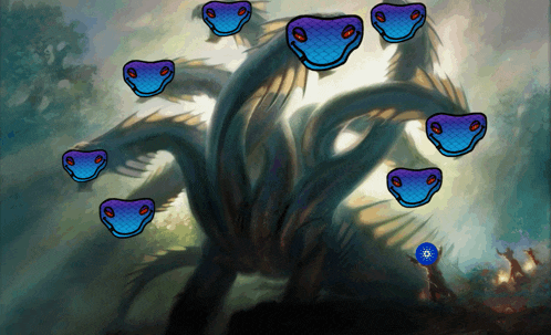 a painting of a hydra with many faces