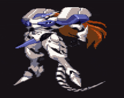 a pixel art drawing of a robot with a blue sword