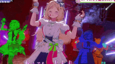 a girl in a white dress with a green bow is dancing in a video game .