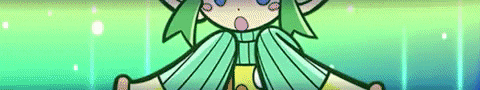 a girl with green hair and blue eyes is sitting on a green background .