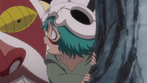 a cartoon character with green hair and a skull helmet