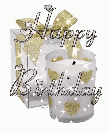 a happy birthday greeting card with a candle and a box .