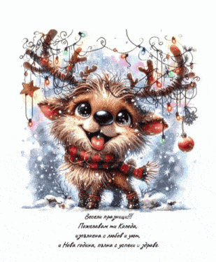 a christmas card with a reindeer wearing a scarf and antlers