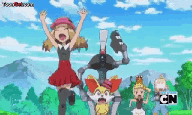 a group of cartoon characters are standing in a field with a cn logo in the background .