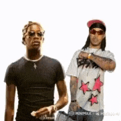 two men standing next to each other on a white background .