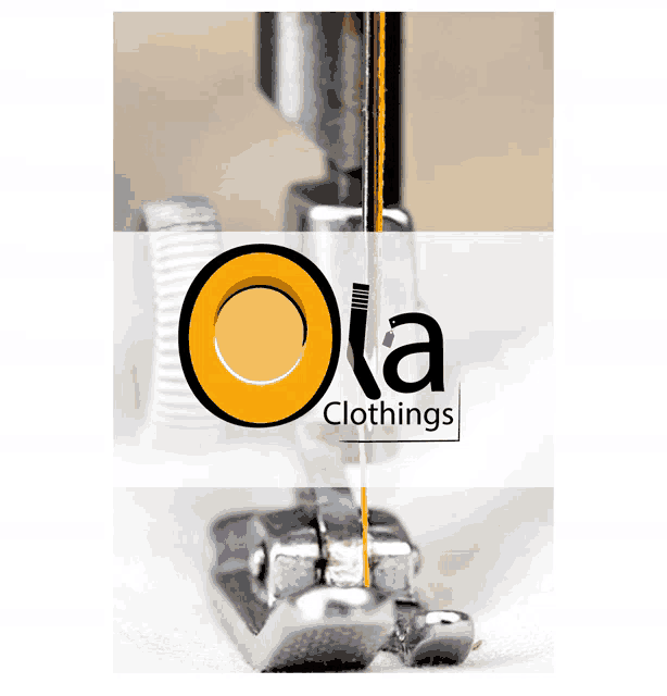 a close up of a sewing machine with the oka clothings logo behind it