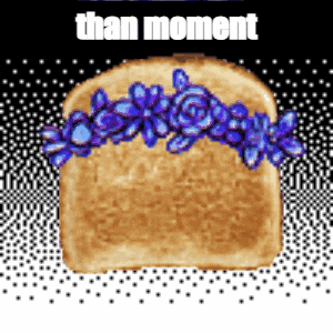 a slice of toast with purple flowers on it and the words " than moment " below it