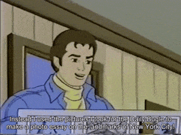 a cartoon of a man with the words instead i used the pictures i took for the daily bugle to make a photo essay