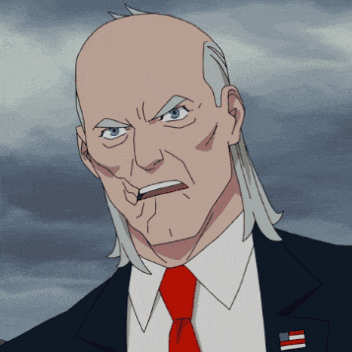 a bald man with long hair is wearing a suit and tie with an american flag pin