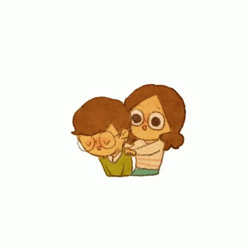 a cartoon of a woman hugging a man with glasses .