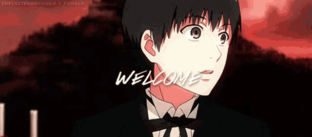 a man in a tuxedo with the words welcome written on the bottom