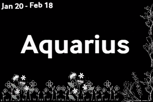 a black background with white flowers and the word aquarius on it