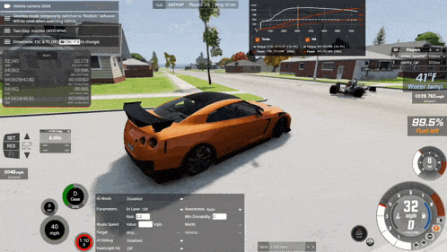 a car is driving down a street in a video game and the fuel percentage is 99.5%