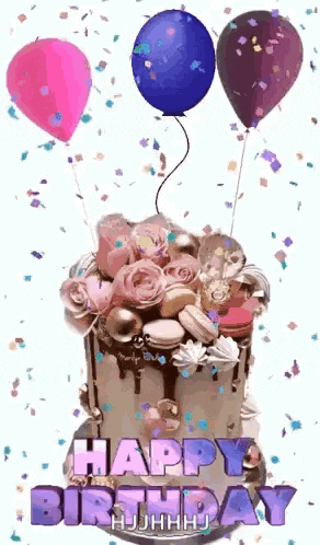 a birthday cake with balloons and confetti on it and the words `` happy birthday '' .